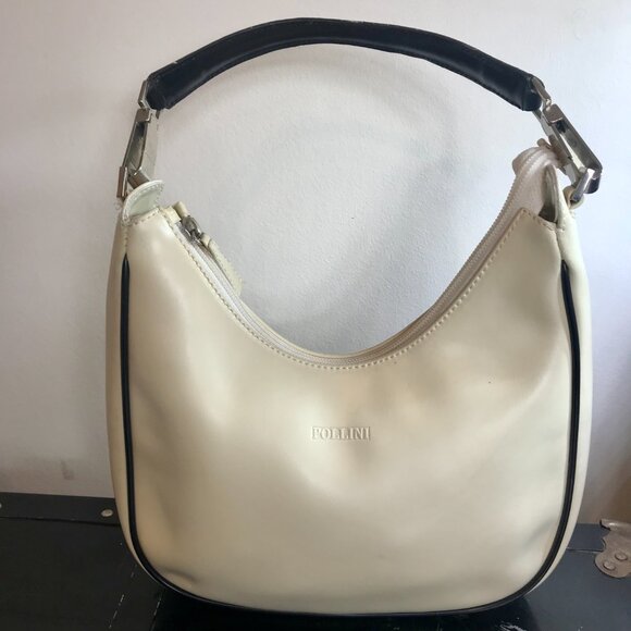 Pollini Leather Handbag Purse Made in Italy Cream with Black Handle Zipper - Picture 5 of 9